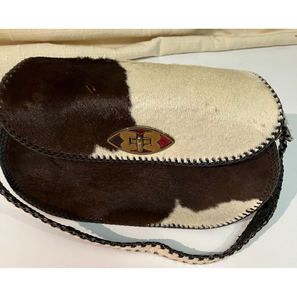Unbranded Cowhide Shoulder Bag Women Small Brown White Excellent Whipstitch Trim